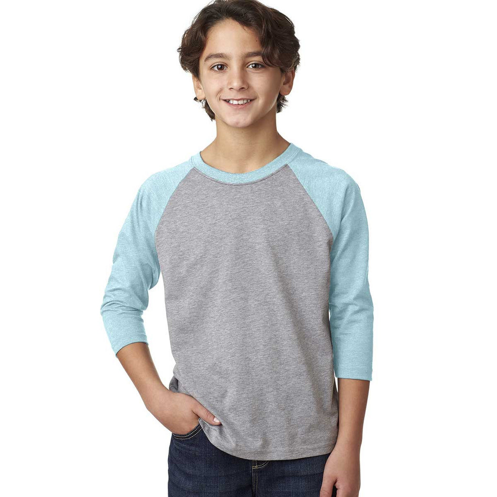 Next Level Youth Ice Blue/Dark Heather Gray CVC 3/4-Sleeve Raglan Tee