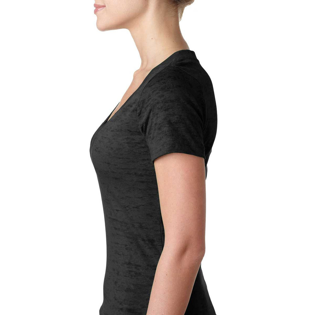 Next Level Women's Black Burnout Deep V Tee