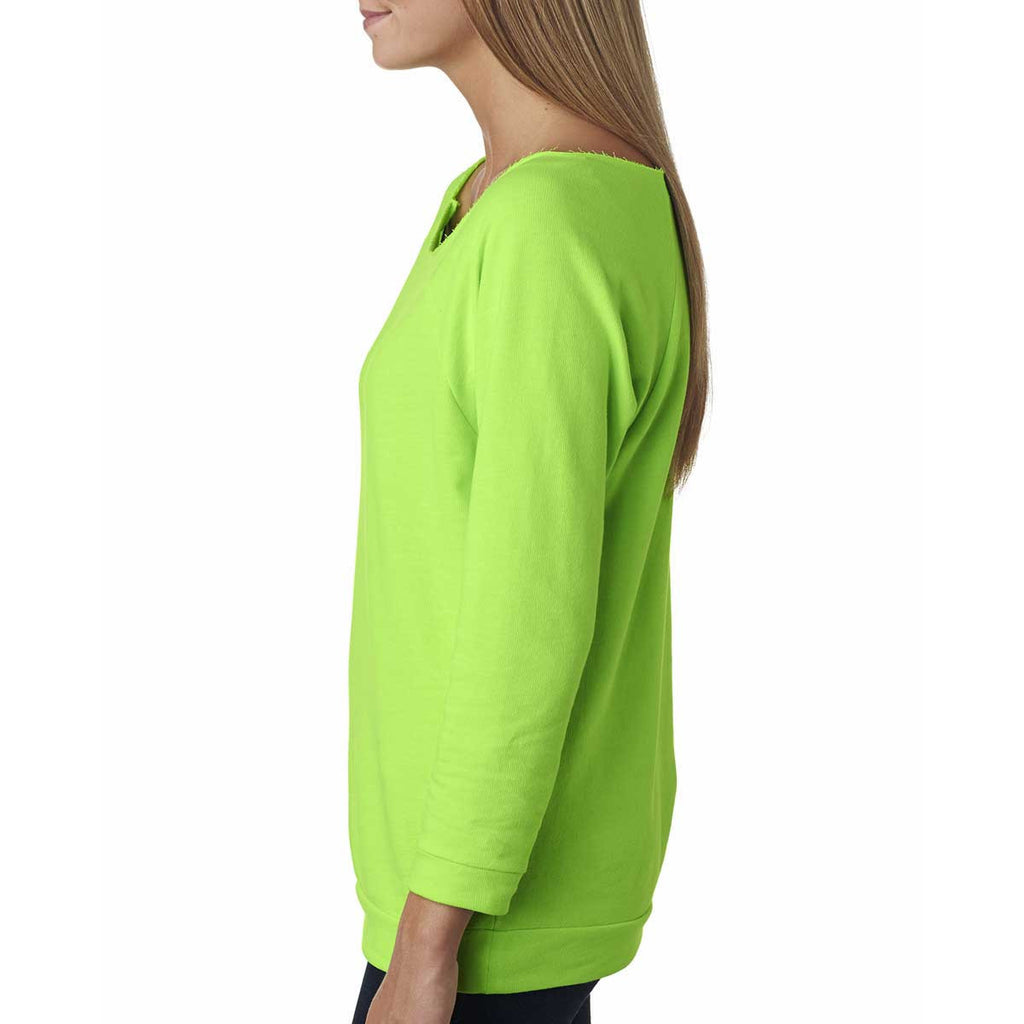 Next Level Women's Neon Heather Green Terry Raw-Edge 3/4-Sleeve Raglan Tee