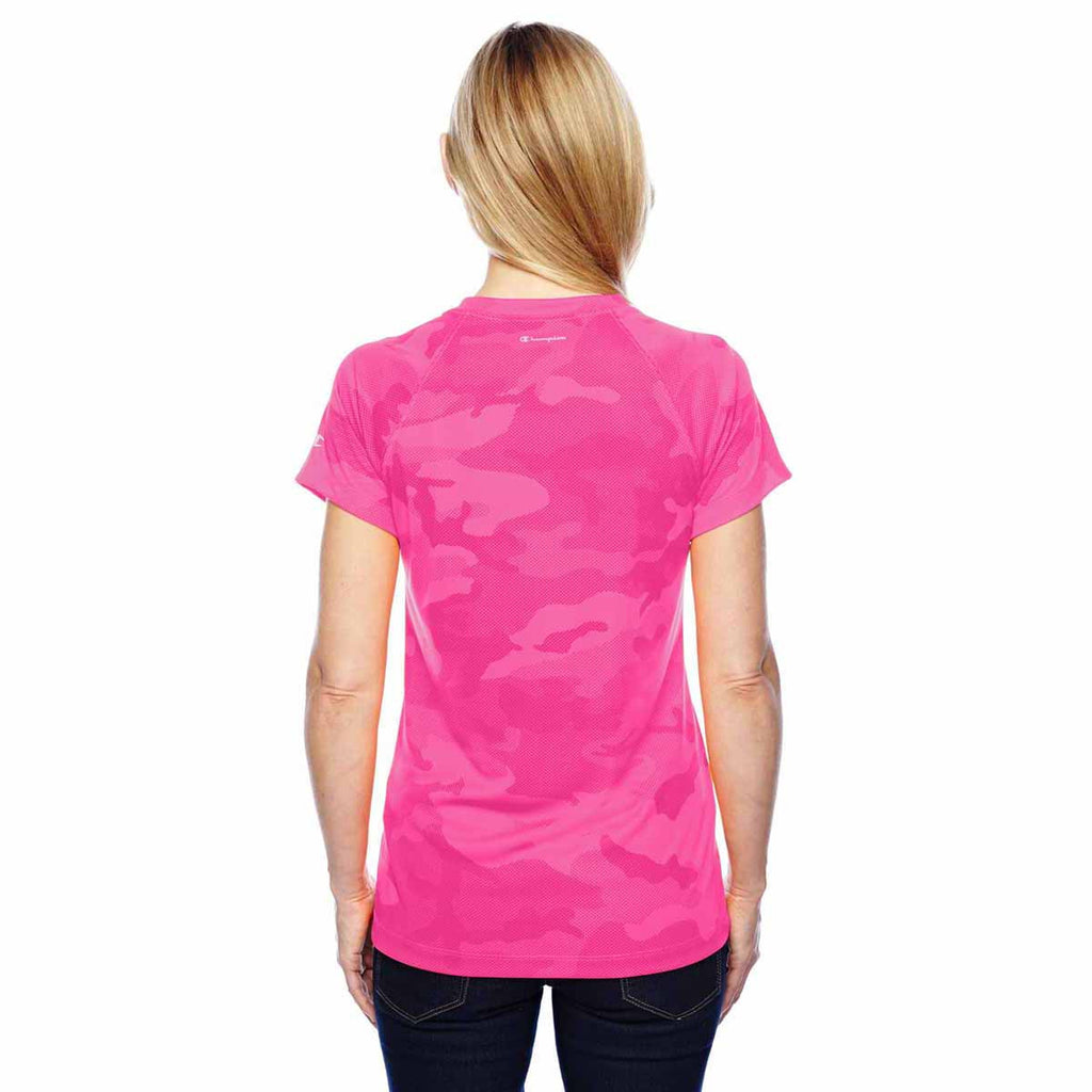 Champion Women's Pink Camo Double Dry 4.1-Ounce V-Neck T-Shirt