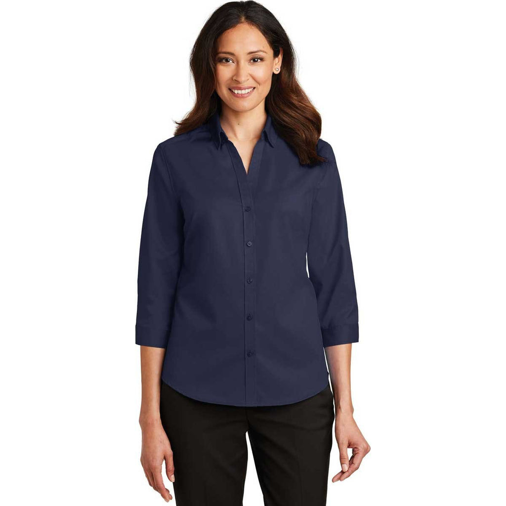 Port Authority Women's True Navy 3/4-Sleeve SuperPro Twill Shirt