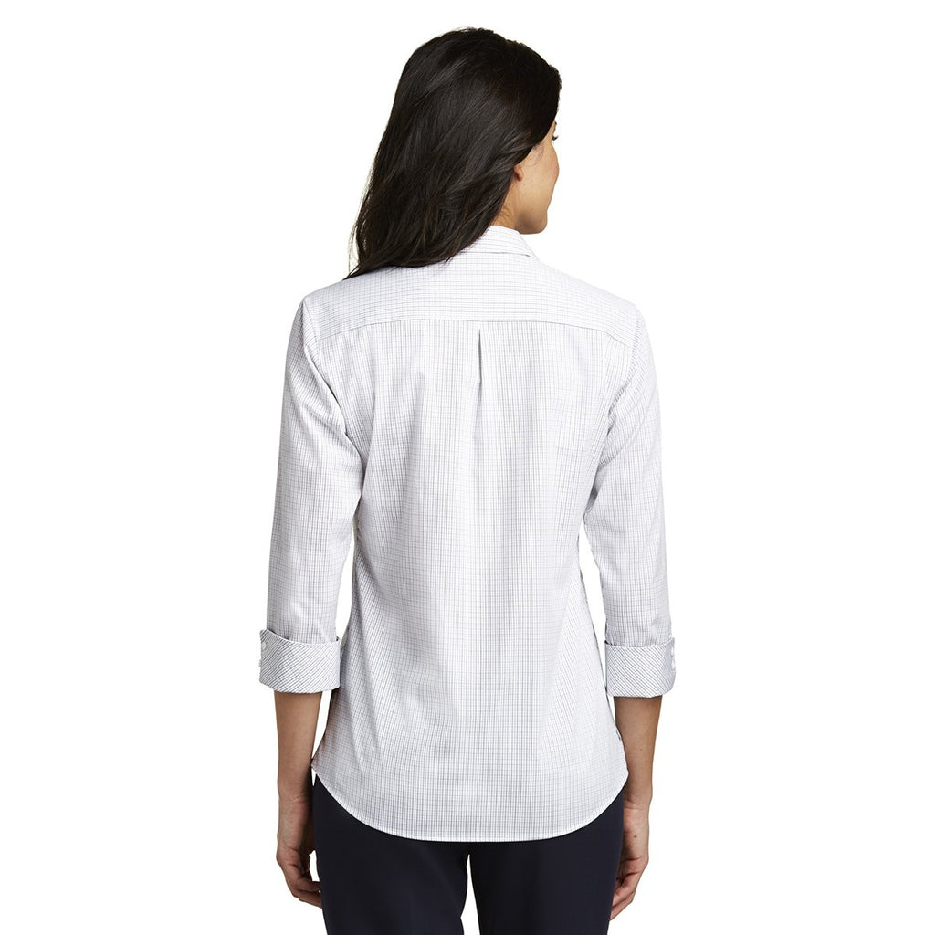 Port Authority Women's White/Dark Grey 3/4-Sleeve Micro Tattersall Easy Care Shirt