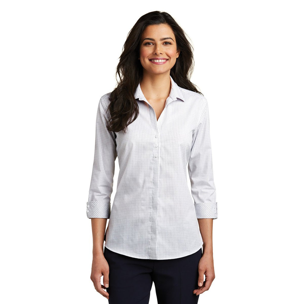 Port Authority Women's White/Dark Grey 3/4-Sleeve Micro Tattersall Easy Care Shirt